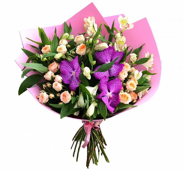 Букет из первых весенних цветов | Орхидея, кустовая роза и альстромерия — заказать | Картинка