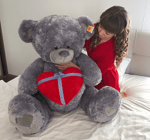 Мягкие игрушки — Серый медведь гигант с красным сердцем