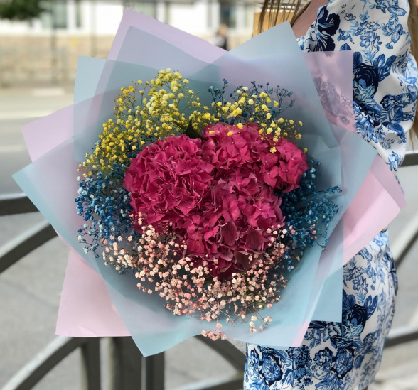 Букет цветов малиновая любовь (Гидрангея 50-60 см и Гипсофила крашенная) | Картинка №1