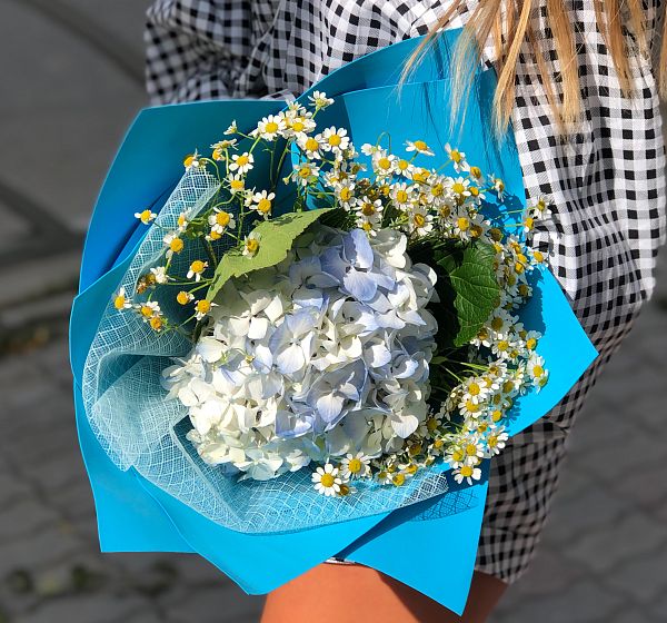 Букет цветов небесная синева (Гидрангея Голандия и Матрекария) | Картинка №2