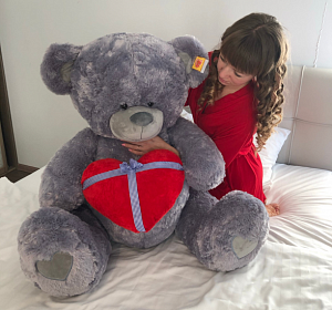 Мягкие игрушки — Серый медведь гигант с красным сердцем