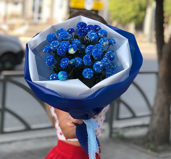 Букет цветов синий синий иней (Хризантема кустовая и Упаковка для цветов) | Картинка №2