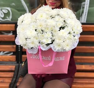 Букеты с хризантемами — Пакет с цветами Подарок для мамы