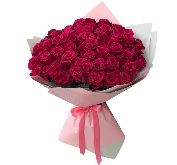 Букет цветов малиновый бархат (Роза Россия 50 см Цветная по Акции и Упаковка для цветов) | Картинка №3