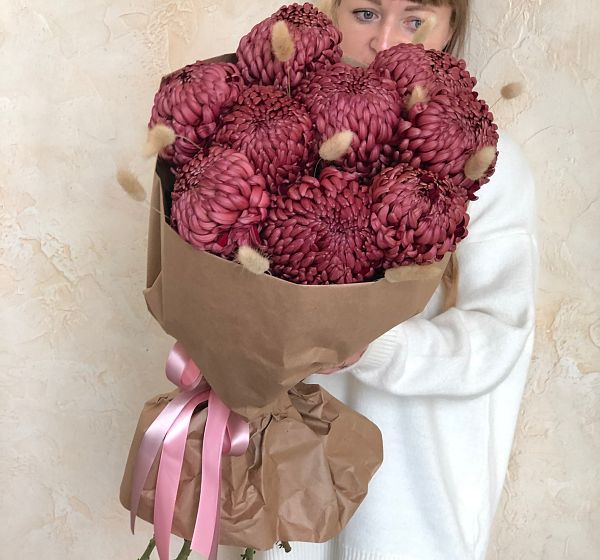 Букет цветов кофейные зерна (Хризантема одноголовая сортовая и Сухоцветы) | Картинка №2