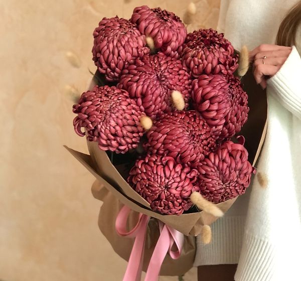 Букет цветов кофейные зерна (Хризантема одноголовая сортовая и Сухоцветы) | Картинка №3